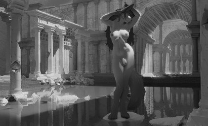 amazing_background anthro balls biped breasts casual_nudity column detailed_background digitigrade eyes_closed flaccid foreskin genitals gynomorph gynomorph_anthro hair humanoid_genitalia humanoid_penis intersex intersex_anthro long_hair nipples nude nude_anthro nude_gynomorph nude_intersex penis ruins scenery_porn solo standing tenzing canid canine mammal 2023 absurd_res detailed digital_media_(artwork) full-length_portrait greyscale hi_res monochrome portrait
