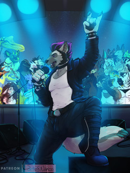 anthro audience clothing group leather male music paws singing stage conditional_dnp nakoo canid canine canis mammal wolf 3:4 hi_res