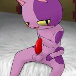 anthro balls bed biped blush erection furniture genitals male on_bed open_mouth penis sitting solo tapering_penis third-party_edit uhe animal_crossing nintendo bob_(animal_crossing) domestic_cat felid feline felis mammal 1:1 censor_removal_edit