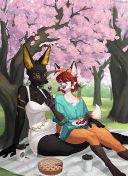 anthro armband bedding black_body black_fur blanket blouse brown_body brown_fur cherry_blossom cherry_blossom_tree cherry_tree clothing coffee_cup container cup cutlery dipstick_arms dipstick_ears dipstick_legs dipstick_tail dress duo ear_markings eye_of_horus eye_of_ra feeding_partner female female/female flower fork fruit_tree fur hair hand_on_leg hand_on_thigh inner_ear_fluff jewelry kitchen_utensils markings multicolored_ears necklace orange_body orange_fur picnic pie_(food) plant plate prunus_(flower) purple_eyes red_hair sundress tail tail_markings tattoo teal_clothing tools topwear tree tuft white_body white_clothing white_fur yellow_eyes yellow_inner_ear_fluff kitik1 raen_(crimsir) tara_(crimsir) tara_sirisdottir anubian_jackal canid canine canis fox jackal mammal hi_res