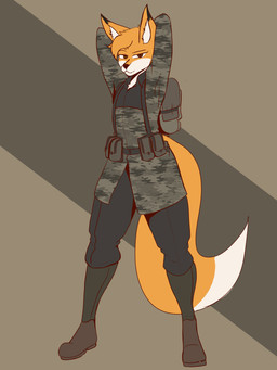 anthro backpack black_nose boots brown_eyes camo camo_clothing camo_print clothed clothing footwear fur inner_ear_fluff male orange_body orange_fur pattern_clothing shoes smile solo standing tuft white_body white_fur the_man canid canine fox mammal 3:4 absurd_res full-length_portrait hi_res portrait