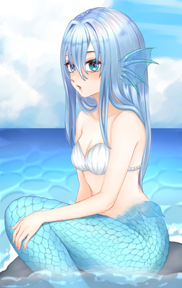 5_fingers blue_eyes blue_hair blue_tail bra breasts clothing cloud ear_fins female fin fingers hair light_body light_skin long_hair outside sky small_breasts split_form tail underwear water fyuki_hasuda aquatic humanoid_merfolk merfolk 2025 absurd_res hi_res portrait three-quarter_portrait