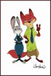 anthro badge clothed clothing duo female front_view green_eyes male necktie purple_eyes simple_background smile standing white_background byron_howard disney zootopia judy_hopps nick_wilde canid canine fox lagomorph leporid mammal rabbit red_fox true_fox 2016 hi_res signature