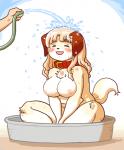 anthro blonde_hair blush breasts disembodied_hand duo eyes_closed female fur hair kemono long_hair nipples open_mouth solo_focus summer water yellow_body yellow_fur kin-shun mai_(kin-shun) canid canine canis domestic_dog mammal digital_media_(artwork)