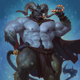 4_fingers abs anthro arm_wraps armpit_hair barazoku beard bell biceps bite black_body black_fur black_hair blue_background blue_body blue_skin body_hair bottomwear candy candy_cane candy_cane_in_mouth clothing dessert facial_hair fangs fingers food forked_tongue fur hair hand_on_hip happy_trail holidays horn jingle_bell loincloth male muscular muscular_anthro muscular_male nipples pecs red_sclera sharp_teeth simple_background solo tail teeth tongue wraps taran_fiddler christmas krampus bovid caprine caprine_demon demon goat_demon mammal 1:1 2025 dated digital_media_(artwork) hi_res signature