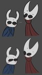 ambiguous_gender black_eyes blush bodily_fluids clothed clothing duo ellipsis empty_eyes sweat gemsum hollow_knight team_cherry hornet_(hollow_knight) the_knight_(hollow_knight) arthropod vessel_(species) featureless_(disambiguation) 2022 hi_res