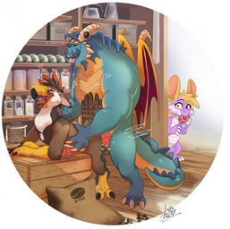 anal anal_penetration anthro anthro_on_anthro anthro_penetrated anthro_penetrating anthro_penetrating_anthro beak beard being_watched biceps blue_body blue_hair blue_scales blush bodily_fluids bottle bracelet brown_body brown_feathers claws coffee_shop container dominant duo eyes_closed facial_hair facial_piercing facial_spikes feathers from_behind_position furgonomic_piercing furgonomics gay_in_front_of_girls genital_fluids genitals hair heart_symbol horn horn_piercing interspecies jewelry larger_dom larger_male looking_at_another looking_pleasured male male/male male_penetrated male_penetrating male_penetrating_male manly mature_anthro mature_male motion_lines multicolored_body multicolored_feathers muscular muscular_anthro muscular_male muscular_top mustache nose_piercing nose_ring open_beak open_mouth penetration penis piercing precum ring_piercing scales sex shelf side_view size_difference smaller_male spiked_tail spikes spikes_(anatomy) tail tail_feathers tan_body tan_scales tattoo tongue tongue_out waist_grab white_body white_feathers wings dragonasis activision mythology nintendo pokemon spyro_reignited_trilogy spyro_the_dragon anthor gavin_(spyro) rescued_dragons_(spyro) avian dragon generation_4_pokemon mythological_creature mythological_scalie pokemon_(species) reptile scalie staraptor 2024 hi_res