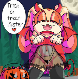 anthro black_clothing black_legwear black_thigh_highs bodily_fluids bottomwear candy cat_smile clothed clothing costume dessert devil_costume fangs female food fruit g-string genital_fluids genitals gloves handwear head_tuft heart_after_text holidays jack-o'-lantern legwear looking_at_viewer mesugaki nightgown orange_eyes plant pumpkin rabbit_ears raised_bottomwear raised_clothing raised_skirt seductive simple_background skirt solo spade_tail speech_bubble tail teeth thigh_highs trick-or-treating tuft underwear vaginal_fluids vulva wings young young_anthro young_female clubbin_(artist) halloween sega sonic_the_hedgehog_(series) cream_the_rabbit lagomorph leporid mammal rabbit hi_res