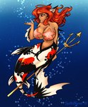 2018 big_breasts black_body black_lips black_tail breasts bubble dated female hair hi_res humanoid lips marine markings merfolk orange_hair red_body red_eyes red_markings red_tail signature solo split_form tail tan_body tan_skin tiggybloom underwater water white_body white_tail zha'lam