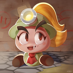accessory armor blonde_hair female feral hair headgear helmet necktie red_necktie sharp_tooth solo toothy_grin vizorflarf cc-by-nc-nd creative_commons mario_bros nintendo paper_mario goombella goomba 1:1 2026 hi_res signature