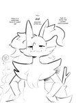 ambiguous_gender anthro biped breath chest_spike chest_tuft cloud_emanata dialogue duo emanata front_view fur hand_on_hip inner_ear_fluff looking_at_another narrowed_eyes smile smug spikes spikes_(anatomy) stick tail text thought_bubble tuft sincastermon nintendo pokemon luca_(sincastermon) braixen generation_4_pokemon generation_6_pokemon lucario pokemon_(species) english_text hi_res monochrome sketch