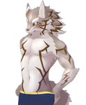 anthro black_nose black_sclera blush brown_body brown_fur clothed clothing ear_piercing fangs fingers fur green_eyes male nervous open_mouth piercing simple_background solo striped_body striped_fur stripes teeth text topless white_body white_fur aganenaga lifewonders tokyo_afterschool_summoners seth_(tas) canid canine canis jackal mammal 2022 hi_res