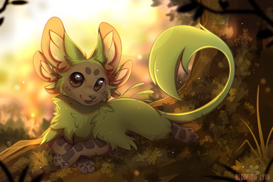 6_ears ambiguous_gender brown_body brown_eyes closed_smile detailed_background feral fur glistening glistening_eyes grey_body grey_fur looking_at_viewer lying moss mouth_closed multi_ear on_front outside plant side_view smile solo tail tail_tuft text toony tuft bloominglynx species_request artist_name detailed hi_res