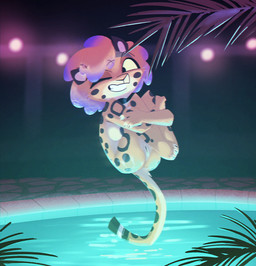 anthro biped blonde_hair cannonball_dive clenched_teeth female hair highlights_(coloring) jumping markings night nude one_eye_closed palm_tree paws plant purple_highlights skinny_dipping smile solo spots spotted_body swimming_pool teeth tree whiskers yellow_body yellow_sclera pusszone barika_(willwri) cheetah felid feline mammal 2026 hi_res
