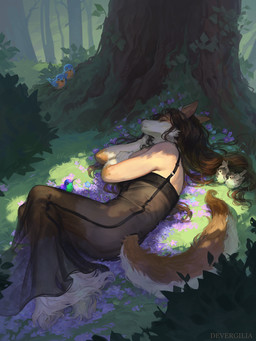 ambiguous_gender beak black_clothing black_dress breasts brown_body brown_fur brown_hair clothing detailed_background dress eyes_closed female female_focus forest fur grass hair human_to_anthro lying on_side outside plant sleeping solo_focus species_transformation tail transformation tree devergilia sponst avian bird canid human mammal 2025 digital_media_(artwork) hi_res