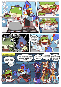 5_fingers angry annoyed anthro appliance apron baseball_cap beak black_nose blue_body blue_feathers blue_fur blue_hair boiling_water boots box breasts butcher_knife can canon_couple chasing clothed clothed_female clothed_male clothing container cooking cooking_pot cross-popping_vein crown cutting cutting_board death_stare dialogue electronics feather_hands feathers feet female fingers food footwear fruit frustrated fur green_body green_skin group hair happy hat headgear headwear holding_knife holding_object holding_weapon jewelry knife male markings multicolored_body multicolored_fur noodles orange_body orange_fur pasta phone plant romantic romantic_couple shoes spaghetti speech_bubble star_fox_symbol steam stove stove_burner tail tail_markings text tiara tomato tomato_sauce water weapon white_body white_fur luchosfactory nintendo star_fox falco_lombardi fox_mccloud krystal_(star_fox) marcus_mccloud slippy_toad amphibian avian bird canid canine canis falcon falconid fox frog mammal toad_(frog) absurd_res comic english_text hi_res father_(lore) father_and_child_(lore) father_and_son_(lore) mother_(lore) mother_and_child_(lore) mother_and_son_(lore) parent_(lore) parent_and_child_(lore) parent_and_son_(lore) son_(lore)