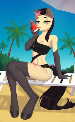 anthro beach biped breasts clothing female food fruit hooves looking_at_viewer melon plant playful seaside solo summer swimwear tongue watermelon wide_hips pewas hasbro my_little_pony bärmey_jäçar equid equine horse mammal pony absurd_res hi_res