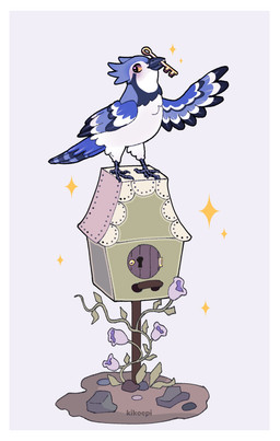 border building feathers feral flower house key looking_back male plant simple_background smile solo star text white_border kikoepi avian bird absurd_res hi_res