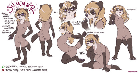 5_fingers 5_toes anthro arched_back areola biped blonde_hair breasts brown_body brown_fur butt cigarette claws command countershading cute_fangs dialogue eyelashes eyes_closed fangs feet female fingers fluffy fluffy_tail front_view fur genitals gesture hair hand_gesture hindpaw holding_lighter holding_object information kneeling lighter looking_aside looking_down looking_forward measurements multiple_poses navel nipples nude open_mouth pawpads paws pointing pointing_down pose purple_eyes purple_pawpads rear_view reclining side_view smoking solo standing stats stretching tail tan_body tan_countershading teeth text three-quarter_view toe_claws toes vulva gavbat summer_(unimpressive) domestic_ferret mammal mustelid musteline true_musteline weasel 2020 character_name english_text flat_colors hi_res model_sheet