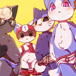 anthro armor black_body black_fur blonde_hair blue_body blue_fur blush bodily_fluids clothed clothing eyewear featureless_crotch fur glasses group hair half-closed_eyes happy headgear helmet heterochromia male narrowed_eyes navel partially_clothed red_clothing red_shirt red_tank_top red_topwear serious shirt shota simple_background sweat tank_top topless topless_male topwear underwear underwear_down undressing_self white_body white_fur yellow_background young whitill_fluffy animal_crossing nintendo kid_cat_(animal_crossing) punchy_(animal_crossing) raymond_(animal_crossing) rover_(animal_crossing) 1:1 2026 hi_res japanese_description