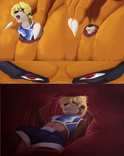almost_fully_inside anal anal_head_gulp anal_vore anthro anus blonde_hair blue_eyes brown_body brown_fur claws duo extreme_size_difference fur hair inside_anus internal macro male male/male micro nude_prey orange_body orange_fur pink_anus red_eyes size_difference vore pandottermon naruto kurama parker_(pandottermon) canid canine fox mammal mustelid otter 4:5 colored comic hi_res