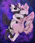 ambiguous_gender anthro black_body black_eyes black_fur black_sclera detailed_background duo fluffy fluffy_tail fluffy_wings fur happy hug pink_body pink_fur pink_wings purple_background simple_background smile space tail white_body white_fur wings duskooky lostfox canid canine canis fox hybrid mammal wolf 4:5 absurd_res hi_res