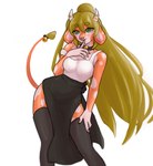 anthro big_breasts breasts clothed clothing female green_eyes green_hair hair looking_at_viewer simple_background solo softspecies bovid bovine canid canine cattle hybrid mammal absurd_res digital_media_(artwork) hi_res