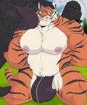 anthro anthro_on_anthro barazoku belly biceps big_bulge big_muscles blurred_background bulge bulge_in_face clothed clothing cutaway day duo frown fur hand_on_head hands_behind_back huge_bulge huge_muscles imminent_sex kneeling male male/male musclegut muscular muscular_anthro muscular_male navel nipples outside pecs quads scales scar smile standing teeth thick_thighs thong thong_only topless topless_anthro topless_male tuft underwear underwear_only whiskers castrodour epic_games fortnite oscar_(fortnite) thunder_(fortnite) felid komodo_dragon lizard mammal monitor_lizard pantherine reptile scalie tiger 2023 5:6 hi_res