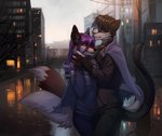 anthro black_body black_fur city clothed clothing duo eye_contact female fluffy fluffy_tail fur hair hand_holding hug licking_hair looking_at_another male outside pink_hair raining tail orphen-sirius kraven_foxy sniper_mata canid canine domestic_cat felid feline felis fox mammal