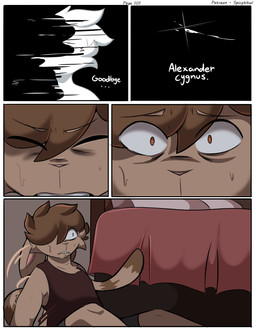 anthro bed bedding bedroom blanket bodily_fluids bottomwear brown_body brown_fur brown_hair clenched_teeth clothing dialogue fur furniture hair male orange_eyes pants pillow red_clothing red_shirt red_topwear shirt shocked solo surprised sweat teeth text topwear waking_up wide_eyed spicykiwi alex_(spicykiwi) domestic_cat felid feline felis hybrid lagomorph leporid mammal rabbit absurd_res comic hi_res story