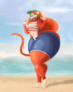 alternate_species anthro anthrofied beach bottomwear clothed clothing colored_nails curly_hair curvy_figure ear_piercing ear_ring female flip_flops fluffy fluffy_hair footwear fur furrification gesture green_eyes hair hat headgear headwear hotpants huge_thighs hyper hyper_thighs looking_at_viewer nails open_bottomwear open_clothing open_pants orange_body orange_fur pants piercing ring_piercing sand sandals sea seaside shoes shorts smile smiling_at_viewer solo thick_thighs topwear tube_top unbuttoned_shorts water wave waving waving_at_viewer wide_hips m4n disney inner_workings kate_(inner_workings) haplorhine mammal monkey primate 4:5 hi_res