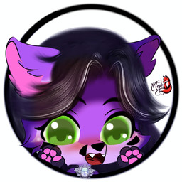anthro black_hair black_paws blush chibi fangs female fur green_eyes hair looking_at_viewer open_mouth pawpads pink_pawpads purple_body purple_fur simple_background solo teeth ghostarts selestia canid canine fox humanoid mammal 1:1 hi_res