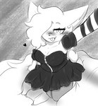 anthro big_breasts big_tail blush bottomwear breasts button_(fastener) button_dress cleavage clothed clothing curvy_figure dress female furgonomics hair kneeling long_hair solo tail tail_through_skirt wide_hips nebulilac amber_(nebulilac) canid canine fennec_fox fox mammal true_fox monochrome sketch