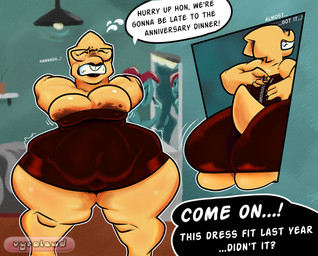 anthro areola areola_slip belly big_breasts big_butt blotchy_areola breasts buckteeth butt cleavage cleavage_overflow clenched_teeth clothed clothing curvy_figure dress dressing eyes_closed eyewear fat_arms female female_focus glasses hip_dips huge_butt huge_hips huge_thighs lipstick makeup motion_lines nipple_outline obese obese_anthro obese_female overweight overweight_anthro overweight_female scales short_tail solo_focus standing struggling struggling_to_fit tail teeth text thick_tail thick_thighs tight_clothing tight_dress voluptuous wide_hips yellow_body yellow_scales zipper vyralewd undertale_(series) alphys undyne lizard reptile scalie english_text hi_res