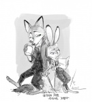 anthro barefoot claws clothing coat coffee_mug container cup duo feet female fur grey_body grey_fur holding_container holding_cup holding_object long_ears looking_back male orange_body orange_fur size_difference text topwear trenchcoat ganym0 disney zootopia judy_hopps nick_wilde canid canine fox lagomorph leporid mammal rabbit red_fox true_fox 2016 digital_media_(artwork) korean_text translated