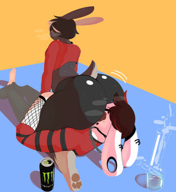anal anthro anthro_on_anthro armwear barefoot beverage_can big_butt biped blue_background bodily_fluids bong bottomwear bubble_butt butt can chain chain_jewelry chain_necklace clothed clothed_sex clothing container crop_top drugs duo ear_piercing ear_ring eyes_closed face_in_ass facesitting feet femboy fishnet_armwear fishnet_clothing fur gauged_ear glass hair huge_butt jewelry kneeling leggings legwear lying male male/male musk necklace on_back oral orange_background pants pawpads piercing rimming ring_piercing sex shadow shirt simple_background sitting sitting_on_another smoke soles sweat sweaty_butt thick_thighs topwear tuft water janslobonejo monster_energy lagomorph leporid mammal rabbit 2022 absurd_res digital_media_(artwork) hi_res