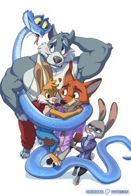 anthro black_body black_fur blonde_hair blue_body blue_eyes blue_scales blush bottomwear carrying_another clenched_teeth clothing fangs fur green_eyes grey_body grey_fur hair hand_on_head heart_symbol male muscular muscular_anthro muscular_male pink_inner_ear red_bottomwear red_clothing red_shorts scales sharp_teeth shirt shorts simple_background tan_body tan_fur tank_top teeth topwear white_background white_body white_clothing white_fur white_shirt white_tank_top white_topwear yellow_body yellow_fur yellow_sclera chicobo disney zootopia gary_de'snake hop_(chicobo) judy_hopps nick_wilde wuf_(chicobo) canid canine canis european_rabbit fox lagomorph leporid mammal oryctolagus pit_viper rabbit red_fox reptile scalie snake true_fox viper wolf 2025 2:3 hi_res