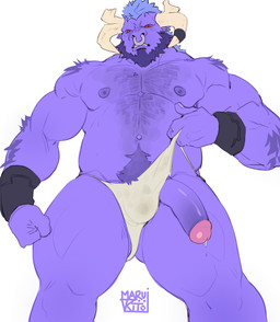 2_horns angry anthro balls beard biceps blue_hair bodily_fluids body_hair bulge chest_hair clothing cuff_(restraint) facial_hair facial_piercing fingers fist foreskin fur genital_fluids genitals hair handcuffed handcuffs happy_trail holding_clothing holding_object holding_underwear horn horn_jewelry horn_ring humanoid_genitalia humanoid_penis jewelry looking_aside looking_at_viewer looking_down looking_down_at_viewer low-angle_view lying male metal_cuffs muscular muscular_anthro muscular_male muscular_thighs nails navel nipples nose_piercing nose_ring pecs penis piercing precum purple_body purple_fur purple_nipples purple_penis red_sclera restraints retracted_foreskin ring_(jewelry) ring_piercing septum_piercing septum_ring simple_background solo teeth text triceps underwear white_clothing white_underwear maruikito european_mythology greek_mythology league_of_legends mythology riot_games tencent alistar_(lol) bovid bovine mammal minotaur 2026 absurd_res artist_name digital_drawing_(artwork) digital_media_(artwork) hi_res portrait signature three-quarter_portrait
