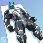 abs anthro canid canine claws cybernetics glowing glowing_markings hi_res hyenaface machine male mammal markings metallic_body muscular muscular_male nude null pecs restrained restraints robot simple_background solo