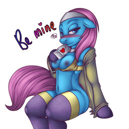 anthro anthrofied biped blue_body blue_fur blush bottomless bra breasts clothed clothing envelope female flashing fur hair nipples pink_hair seductive sitting skimpy solo tail text underwear undressing florecentmoo friendship_is_magic hasbro my_little_pony lotus_(mlp) earth_pony equid equine horse mammal pony 1:1 english_text hi_res