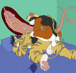 anthro athletic ball balls bed blue_eyes blue_hair blush bodily_fluids butt cum duo fur furniture genital_fluids genitals green_eyes hair horn internal internal_anal long_tail male male/male male_penetrated male_penetrating male_penetrating_male muscular muscular_anthro muscular_male pawpads paws penetration penis rat_tail sex smile striped_body stripes tail tail_coil tail_wrapped_around_body vein veiny_penis yellow_body yellow_eyes yellow_fur hunterramirez hunter_ramirez chimera demon hybrid mammal murid murine rat rodent hi_res