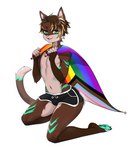 anthro athletic_wear bottomwear brown_body brown_fur chromatic_aberration clothed clothing dolphin_shorts ear_piercing femboy flag flag_(object) fur green_eyes green_markings green_pawpads gym_bottomwear gym_shorts holding_flag holding_object hotpants kneeling lgbt_pride male markings navel navel_piercing pawpads piercing pride_color_flag pride_colors progress_pride_colors rainbow_pride_colors shorts smile smiling_at_viewer solo tail topless viskasunya neil_fluss felid feline mammal hi_res