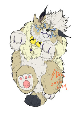 bell bell_collar braided_hair brown_body brown_fur collar eyes_closed feral fur hair lying male on_back pawpads paws quadruped smile solo tusks bandai_namco digimon digimon_beatbreak cougarmon digimon_(species) hi_res