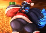 anthro big_breasts big_butt black_body black_fur black_hair black_tail blue_eyes blue_hair blue_inner_ear_fluff blue_tail_tip breasts butt christmas_clothing christmas_headwear christmas_present clothing dipstick_tail female fur gift hair hat headgear headwear holidays huge_breasts huge_butt inner_ear_fluff markings santa_hat solo tail tail_markings thick_thighs tuft nightlyflare christmas nightly_(nightlyflare) canid canine fox mammal 2024 hi_res