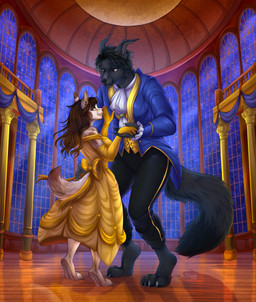 anthro ballroom clothing dancing detailed_background digitigrade dress duo ear_piercing female horn male male/female piercing waltz_(dance) angry_doggg beauty_and_the_beast canid canine canis domestic_dog mammal absurd_res hi_res