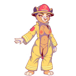 3_toes 5_fingers anthro areola armor barefoot biped black_inner_ear black_text breasts brown_eyebrows brown_nose casual_exposure chest_tuft closed_smile clothed clothed_anthro clothed_female clothing colored_nails coveralls cute_fangs exposed_breasts eyebrows eyelashes fangs feet female female_anthro fingernails fingers firefighter firefighter_helmet firefighter_uniform fur furgonomic_headwear furgonomic_helmet furgonomics genitals gloves_(marking) hair headgear headwear helmet humanoid_genitalia humanoid_hands humanoid_vulva looking_at_viewer markings medium_breasts mouth_closed nails nipples no_bra no_pupils no_underwear open_clothing open_coveralls orange_eyes partially_clothed partially_clothed_anthro partially_clothed_female plantigrade red_areola red_clothing red_headwear red_helmet red_nipples sharp_fingernails sharp_nails simple_background smile smiling_at_viewer solo standing tail tan_body tan_fur tan_tuft teeth text toeless_(marking) toes topwear tuft uniform unzipped vulva white_background white_body white_hands white_markings white_sclera white_toes yellow_clothing yellow_fingernails yellow_nails zipper sharalythesheep evita_fuegos felid lion mammal pantherine 1:1 absurd_res artist_name digital_media_(artwork) english_description full-length_portrait hi_res portrait shaded
