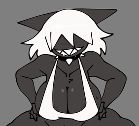 anthro areola areola_slip big_breasts bodily_fluids bottomless bottomless_anthro bottomless_female breasts cleavage clothed clothing collar collarbone drooling female female_anthro fingers fur grey_background grey_body grey_ears grey_fur hair hair_over_eyes hands_on_hips saliva sharp_teeth shirt simple_background sleeveless_clothing sleeveless_shirt smile solo spiked_collar spikes spread_legs spreading suggestive sweat tank_top teeth topwear white_clothing white_hair white_shirt white_tank_top white_topwear xarop77 sheep_(xarop77) canid canine canis mammal wolf 2025 digital_drawing_(artwork) digital_media_(artwork) half-length_portrait portrait
