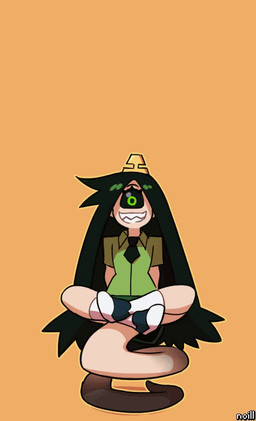 1_eye 5_fingers balancing_on_tail big_eyes big_tail black_hair black_sclera cheering clothed clothing dipstick_tail eyelashes female fingers footwear front_view fully_clothed green_eyes hair happy headgear headwear jumping light_body light_skin long_hair long_tail long_tongue markings monster_girl_(genre) multicolored_body multicolored_skin multicolored_tail multicolored_tongue necktie noseless not_furry open_mouth orange_background pale_skin panties sharp_teeth shirt simple_background solo spread_legs spreading tail tail_markings teeth tongue topwear two_tone_body two_tone_skin underwear upskirt noill ata_(anaid) cyclops humanoid longtailclops tailclops_(species) 2d_animation animated frame_by_frame