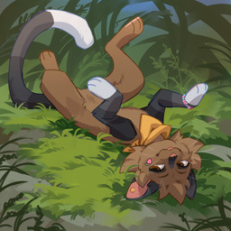 ambiguous_gender black_tail blep brown_body brown_eyes brown_fur cheek_tuft closed_smile dipstick_tail ear_piercing facial_tuft feral fur gauged_ear glistening glistening_eyes grass grey_ears grey_tail head_tuft kerchief leg_markings looking_at_viewer lying markings mouth_closed neckerchief neckwear on_back piercing pink_inner_ear pink_tongue plant semi-anthro smile socks_(marking) solo striped_markings striped_tail stripes tail tail_markings tongue tongue_out tuft white_tail yellow_kerchief yellow_neckerchief corzh77 felid mammal 1:1 absurd_res hi_res
