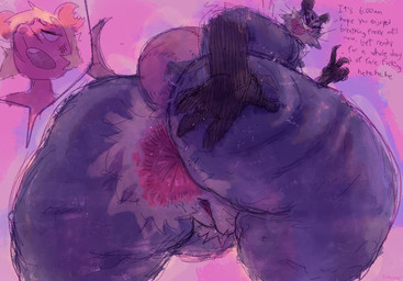 anal_hair anthro anus big_butt bodily_fluids butt butt_slap duo evil_grin eyewear female genitals glasses looking_back low-angle_view male pubes slap smile spanking steam sweat text thick_thighs tongue tongue_out vulva wide_hips smashmat desamistesae_fafratarello_flumendo_styx waylon_(thecosmicwolf33) american_opossum mammal marsupial murid murine rat rodent english_text hi_res